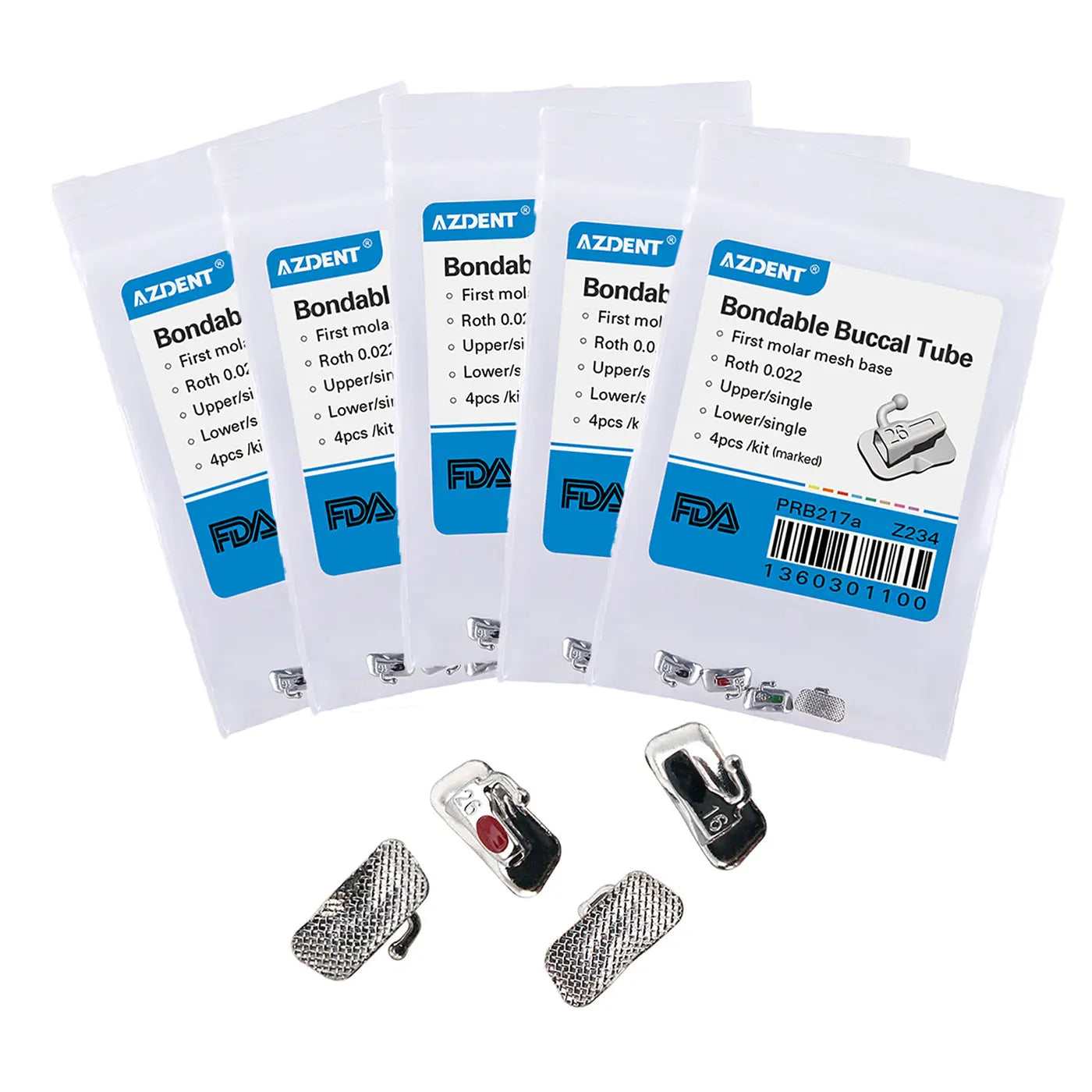 Buccal Tube 1st Molar Bondable Non-Convertible Roth 0.022 Laser Mark Assorted Quadrants: Image shows five white packaging bags labeled 'AZDENT Bondable Buccal Tube' with FDA logo, and four small metal orthodontic devices with mesh bases displayed below.