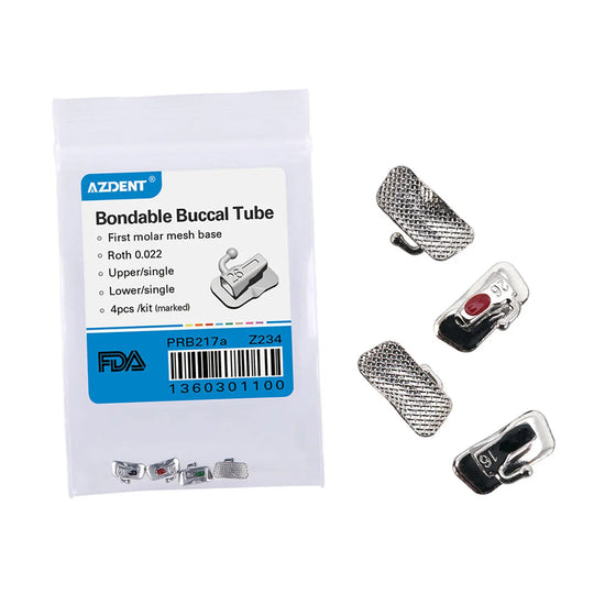 Buccal Tube 1st Molar Bondable Non-Convertible Roth 0.022 Laser Mark Assorted Quadrants (UR UL LL & LR) 4/Bag, shown with product packaging and close-up of four individual buccal tubes with mesh base and hook design