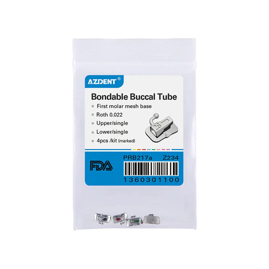 Buccal Tube 1st Molar Bondable Non-Convertible Roth 0.022 package featuring AZDENT brand label, product details, and FDA approval barcode. Four small metal orthodontic devices visible at bottom of image.