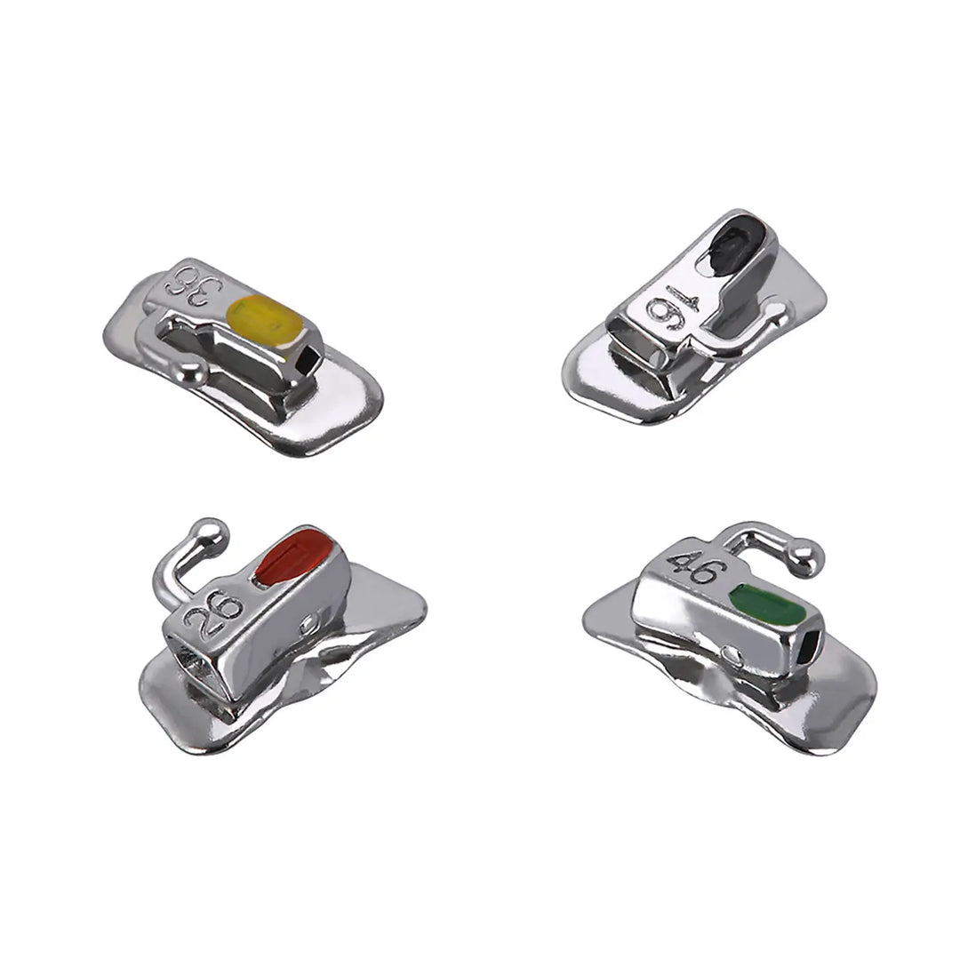 Buccal Tube 1st Molar Bondable Non-Convertible Roth 0.022 Laser Mark Assorted Quadrants set of four silver orthodontic devices with color-coded markers for different quadrants, featuring large pad size and comfortable hook design