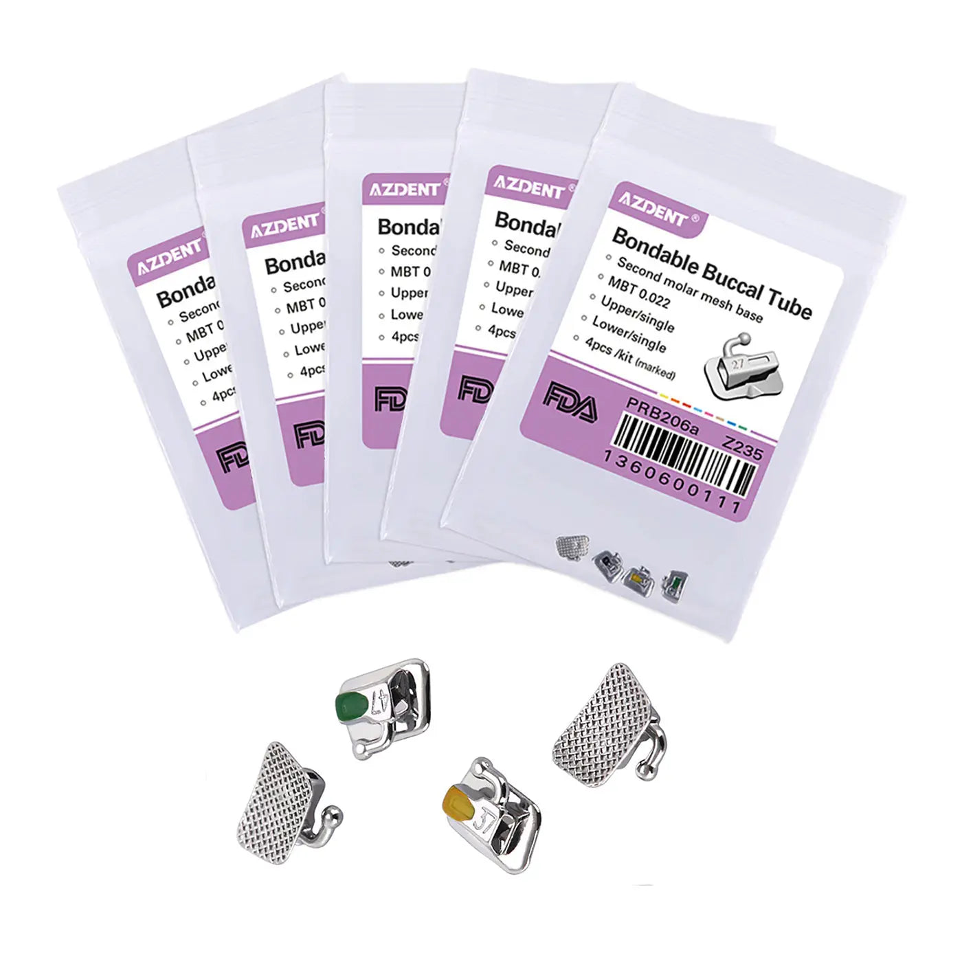 Buccal Tube 2nd Molar Bondable Non-Convertible MBT 0.022 Laser Mark 4/Bag. Five white packets with purple labels containing dental orthodontic buccal tubes. Four metal buccal tubes with mesh bases and colored markers visible below the packets.