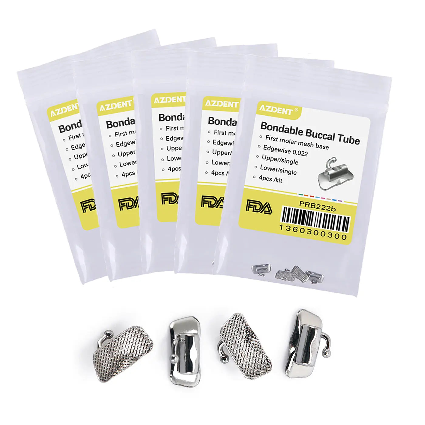 Buccal Tube 1st Molar Bondable Non-Convertible Edgewise 0.022 4/Bag packaging and product image. Five sealed white packets with yellow labels displaying product details. Below, four silver metal orthodontic buccal tubes with mesh bases for bonding, showing different angles of the dental appliance.