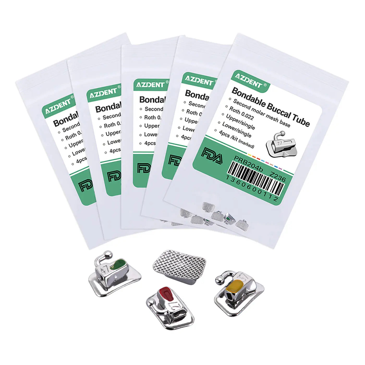 Buccal Tube 2nd Molar Bondable Non-Convertible Roth 0.022 Laser Mark 4/Bag - Azdent orthodontic product packaging with green labels and dental buccal tubes displayed below. Four sealed bags containing buccal tubes for upper and lower molars, with FDA approval barcode visible.