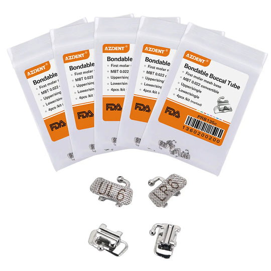 Buccal Tube 1st Molar Bondable Convertible U1L1 MBT 0.022 4/Bag - Five packaging bags of Azdent dental orthodontic buccal tubes with FDA approval, alongside four metal buccal tube attachments for orthodontic use, displayed on a white background.