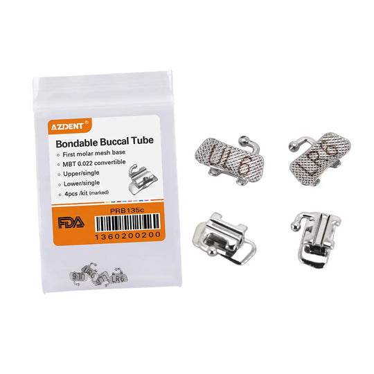 Buccal Tube 1st Molar Bondable Convertible U1L1 MBT 0.022 4/Bag product image showing a packaged set of four orthodontic buccal tubes with mesh base, alongside closeup views of individual tubes demonstrating their convertible design for upper and lower molars