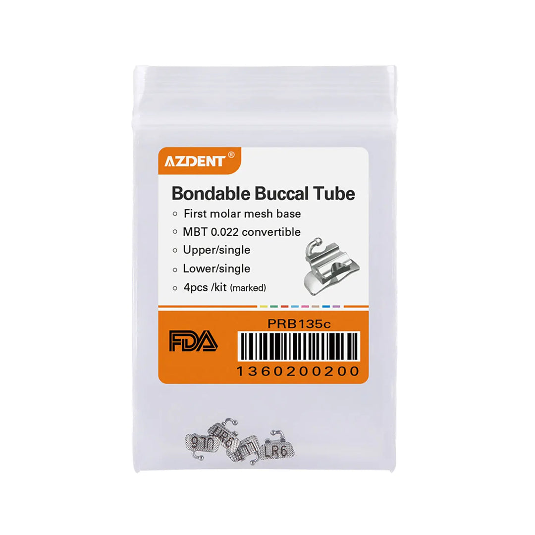 Buccal Tube 1st Molar Bondable Convertible U1L1 MBT 0.022 4/Bag - AZDENT brand packaging showing product details and small metal orthodontic buccal tubes for first molars, MBT 0.022 size, 4 pieces per set for upper and lower teeth.