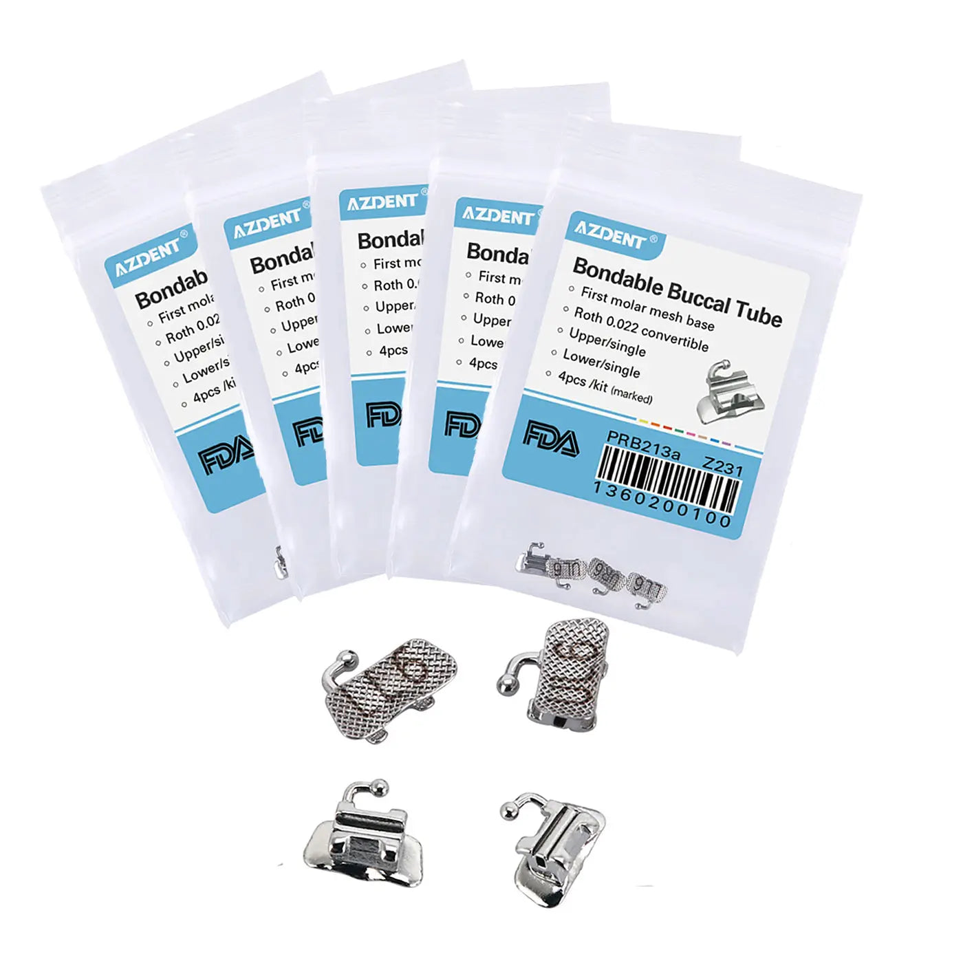 Buccal Tube 1st Molar Bondable Convertible U1L1 Roth 0.022 4/Bag product image showing multiple sealed packages of Azdent Bondable Buccal Tubes and four metal orthodontic devices displayed below the packages, illustrating the contents and design of the product.