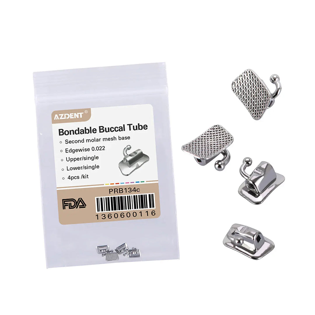 Buccal Tube 2nd Molar Bondable Non-convertible Single Edgewise 0.022 4/Bag displayed in packaging with product details. Four metal orthodontic buccal tubes shown separately, featuring mesh base and curved design for dental application.