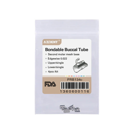 Buccal Tube 2nd Molar Bondable Non-convertible Single Edgewise 0.022 4/Bag. AZDENT brand packaging of orthodontic buccal tubes. Clear plastic bag with product label showing specifications and FDA barcode. Small metal dental attachments visible at bottom of package.