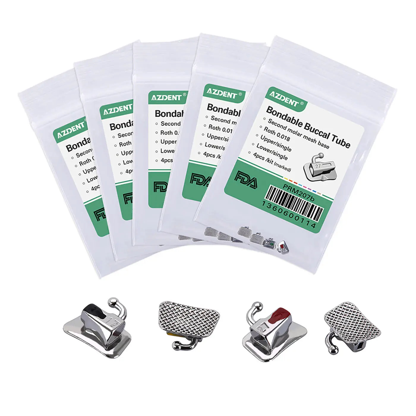 Buccal Tube 2nd Molar Bondable Non-Convertible Roth 0.018 Laser Mark 4/Bag: Five white packets of Azdent bondable buccal tubes with product details on green labels, alongside four metal orthodontic attachments showing different designs and mesh bases for dental use.