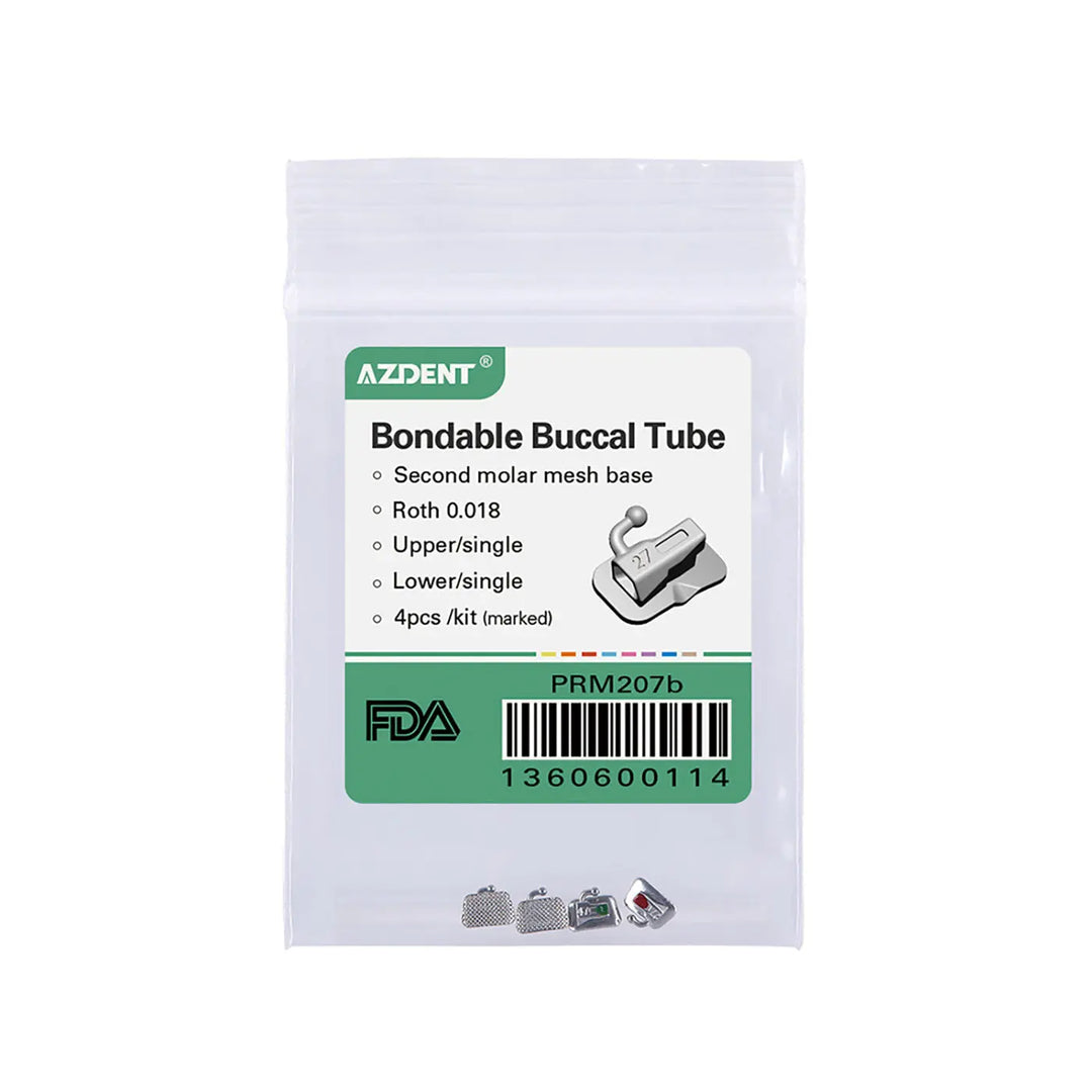 Buccal Tube 2nd Molar Bondable Non-Convertible Roth 0.018 Laser Mark 4/Bag. Resealable plastic package containing orthodontic buccal tubes. Product label shows Azdent brand, specifications, and FDA approval. Small metal components visible at bottom of package.