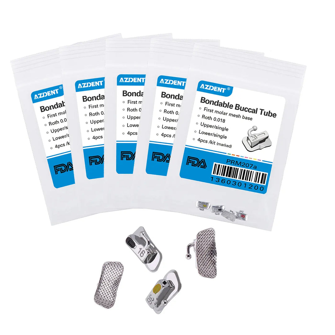 Buccal Tube 1st Molar Bondable Non-Convertible Roth 0.018 Laser Mark 4/Bag - Five white packaging bags with blue labels for dental orthodontic buccal tubes, with four metal dental appliances shown below, including two mesh-backed devices and two tube-shaped components.