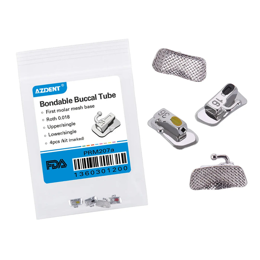 Buccal Tube 1st Molar Bondable Non-Convertible Roth 0.018 Laser Mark 4/Bag - Dental orthodontic product package with clear plastic bag containing four silver metal buccal tubes and FDA barcode label, alongside two mesh base tubes displayed outside the package