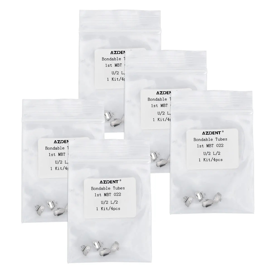 Bondable Tube 1st Molar Non-Convertible MBT 0.022 U2L2 4/Bag: Five white plastic bags containing dental orthodontic bondable tubes. Each bag is labeled with product details and contains small silver-colored metal tubes visible through the packaging.