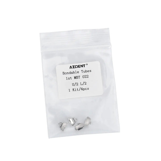 Bondable Tube 1st Molar Non-Convertible MBT 0.022 U2L2 4/Bag. Clear plastic bag containing four silver dental orthodontic tubes. Label on bag shows product details. Small metal components visible at bottom of bag.