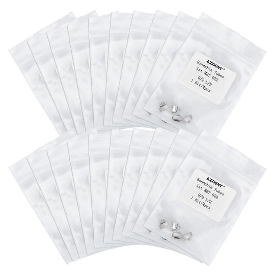 Multiple sealed packages of Bondable Tube 1st Molar Non-Convertible MBT 0.022 U2L2 4/Bag dental orthodontic products, arranged in rows, showing small silver components visible through transparent windows on white packaging.