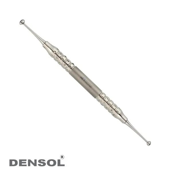 Ball Burnishers Double Ended Hollow Handle 10mm: Stainless steel dental instrument with round tips on both ends, used for smoothing and contouring dental restorations. Features a textured grip in the middle for precise control during dental procedures.