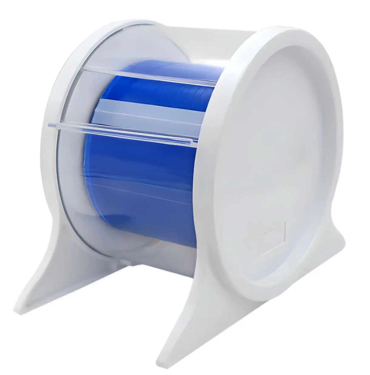 White Barrier Film Dispenser (ADS301) with blue roll of film inside, featuring a circular design and sturdy base for easy dispensing in medical or dental settings