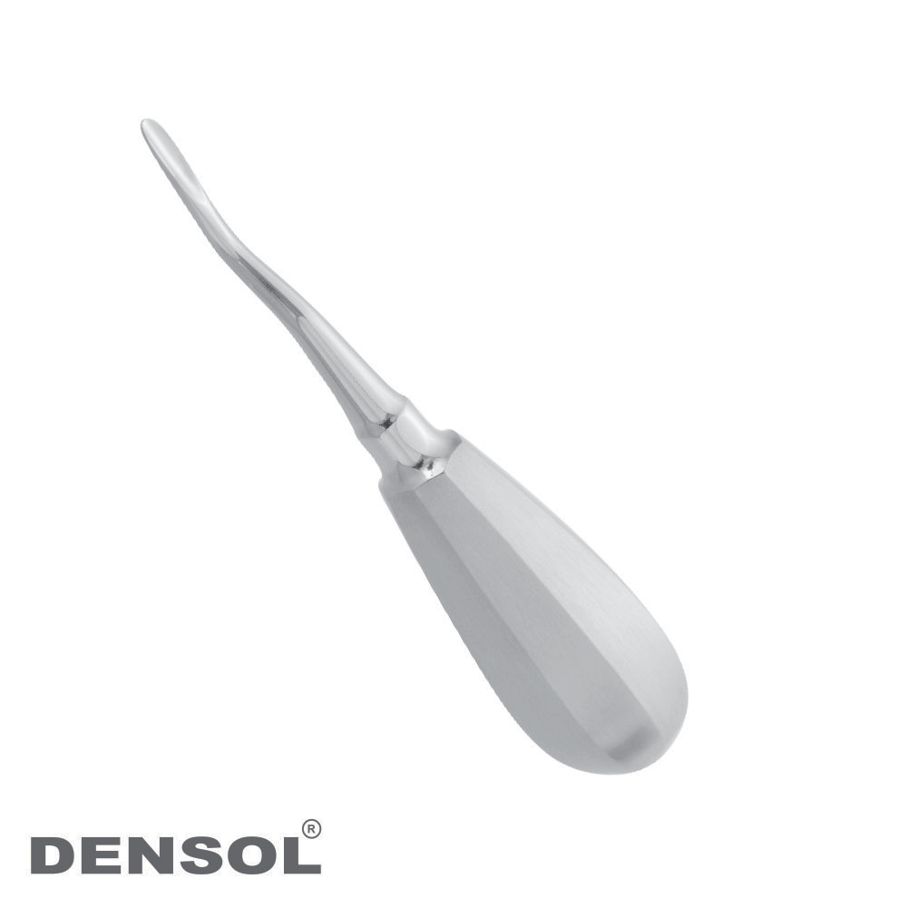 Bayonet Distal Elevator 3mm Fig 3, dental instrument with curved handle and thin, flat tip for tooth extraction. Stainless steel construction for durability and sterilization. Professional-grade tool for dentists and oral surgeons.