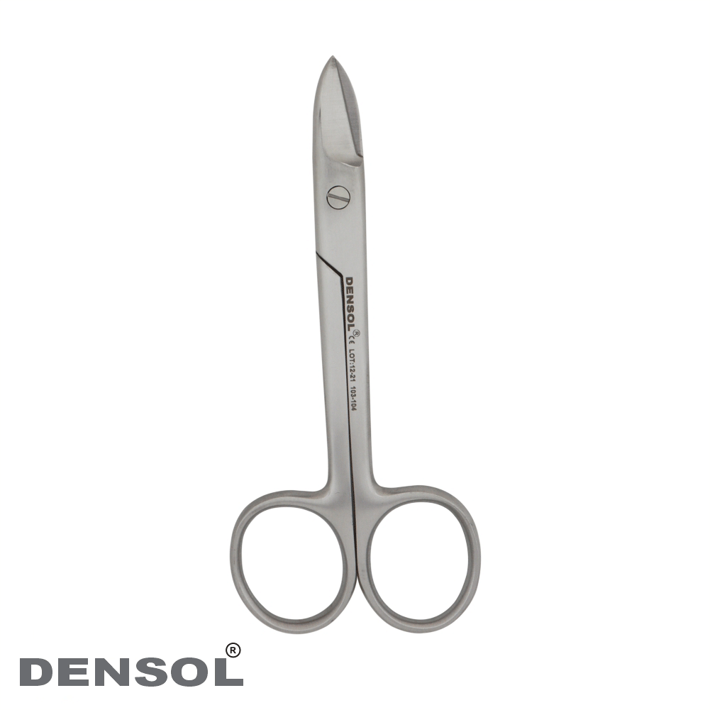 Beebee Crown Scissors 12cm Curved, stainless steel dental instrument with curved blades for precision cutting and trimming in dental procedures, featuring Densol branding