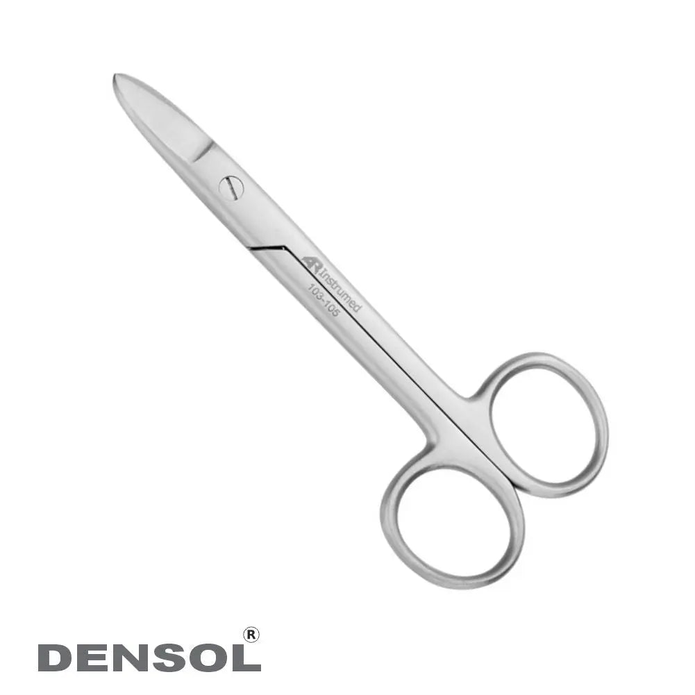 Beebee Scissors Crown 12cm Straight - Precision stainless steel dental scissors with straight blades and circular handles, designed for cutting and trimming various materials in dental procedures. Densol brand product image on white background.