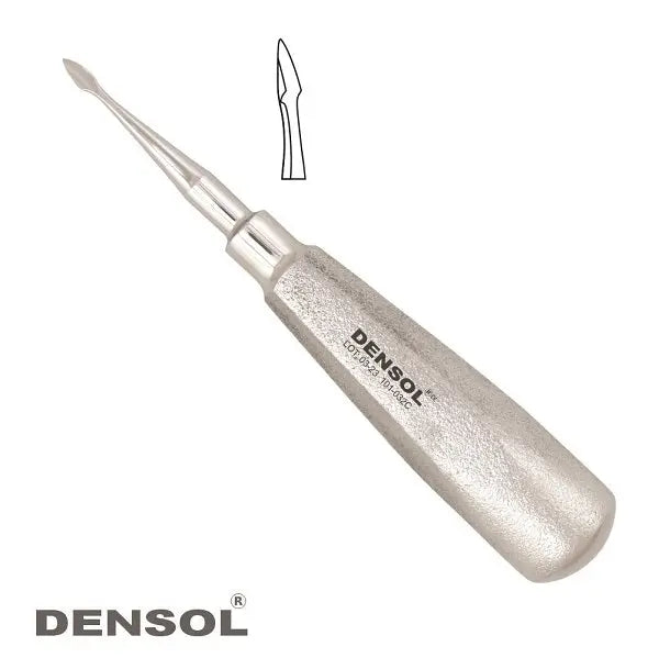 Bernard Elevators Spade Curved dental instrument with silver handle and curved tip, featuring Densol branding. Inset diagram shows detailed shape of spade-like end used for cutting periodontal ligaments.