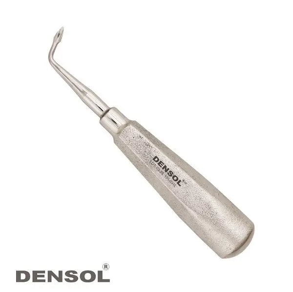 Bernard Elevators Spade Left dental instrument with stainless steel handle and curved spade tip, used for cutting periodontal ligaments. Densol brand visible on silver-colored tool against white background.