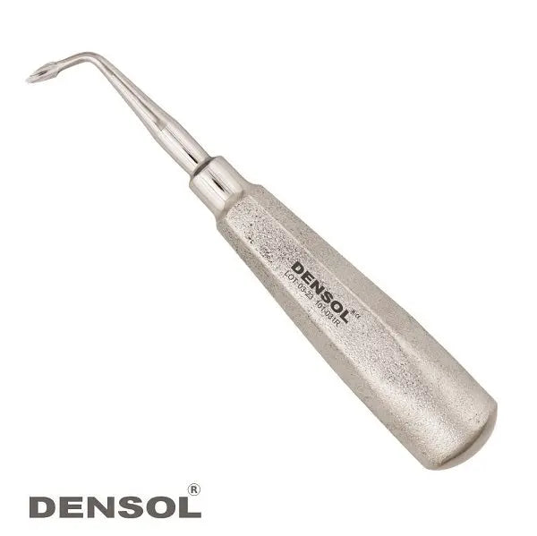 Bernard Elevators Spade Right dental instrument with curved tip and textured stainless steel handle, featuring Densol branding, used for cutting periodontal ligaments in dental procedures