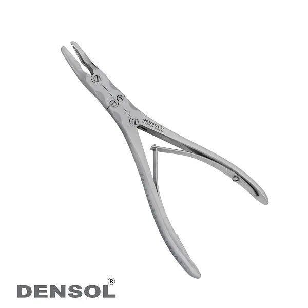 Beyer Bone Rongeurs 2.5mm Curved 18cm: Stainless steel dental instrument for alveolar bone contouring after tooth extraction. Double-action plier shape with curved tip, made by DENSOL for precision and durability in oral surgery procedures.