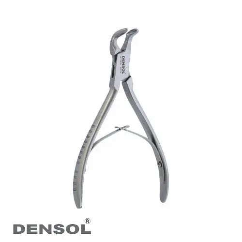 Bluementhal Bone Rongeurs 15cm 90, stainless steel dental instrument with plier-shaped design and 90-degree angled beak. Densol brand logo visible. Used for contouring alveolar bones after tooth extraction procedures.