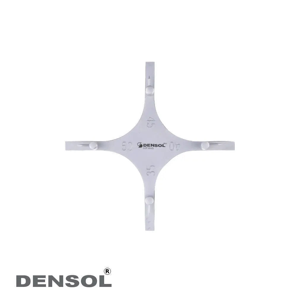 Bone Bracket Gauge orthodontic instrument by Densol, featuring a cross-shaped design with measurement markings. High-quality German stainless steel construction for precise dental procedures and bracket positioning.