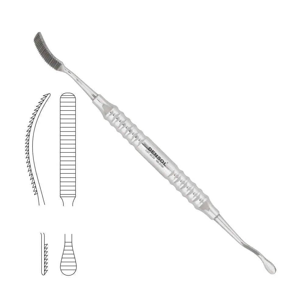 Bone File Miller 52: Double-ended surgical instrument with curved and straight file surfaces, featuring ergonomic grip design. Shown with detailed side views of file patterns for precise bone shaping in orthopedic and dental procedures.