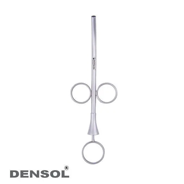 Bone Grafting Syringe 3.5mm: Stainless steel dental instrument with long shaft, three circular rings, and curved tip for precise bone graft material injection during implant procedures. Made by Densol for professional dental use.