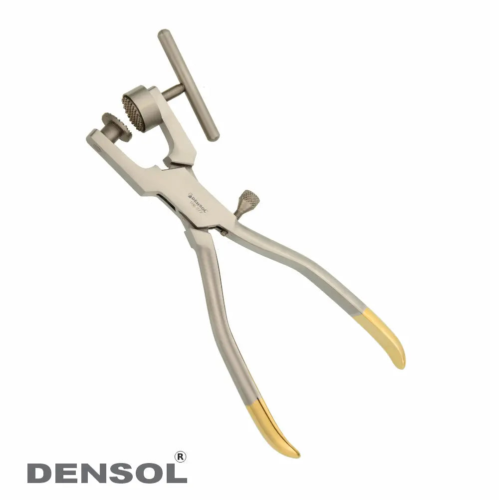 Bone Morselizer Crusher Titanium TC: Surgical instrument with plier-like design, featuring stainless steel construction, adjustable crushing mechanism, and gold-tipped handles for precise bone grafting preparation