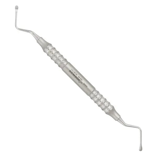 Bone Surgical Curette lucas 86 3mm: Stainless steel dental instrument with double-ended spoon-shaped tips, textured handle for grip, and angled ends for precise debris removal in tooth sockets after extraction.