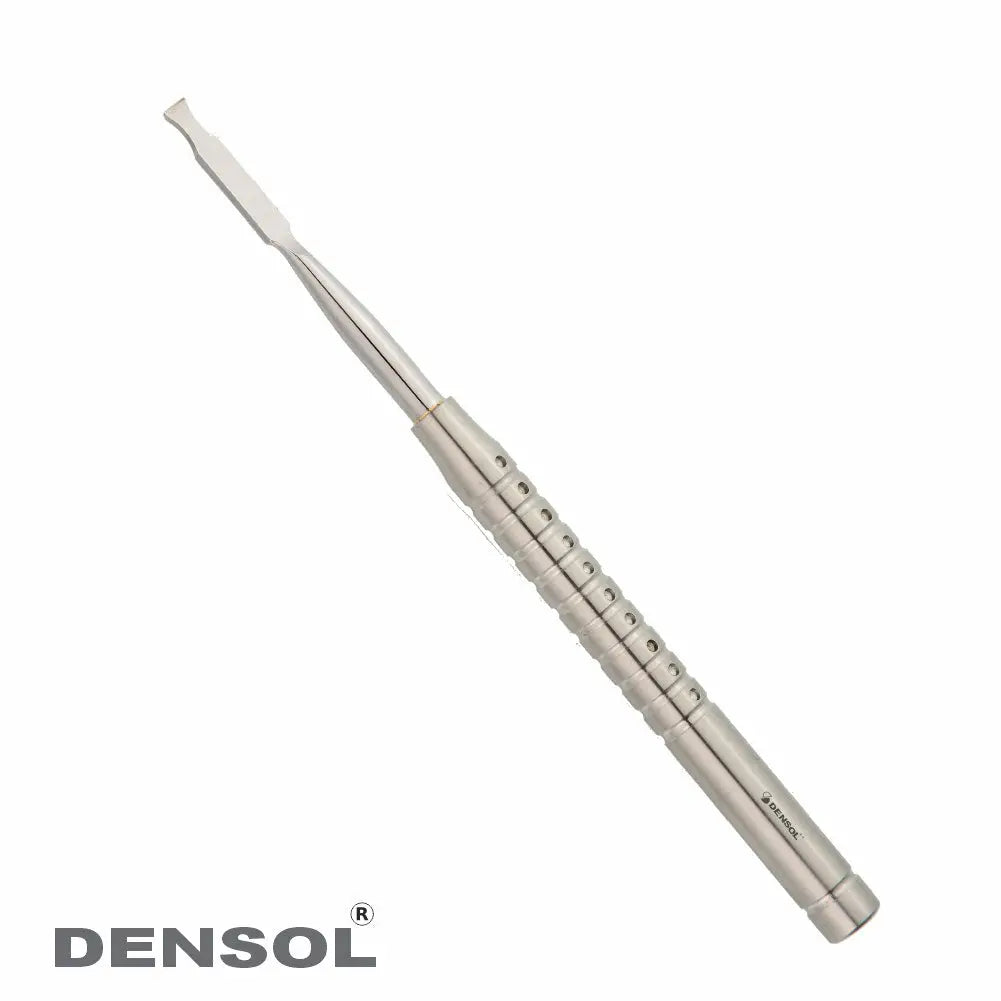 Bone chisel Ochsenbein 5mm Centre with solid round handle, stainless steel dental instrument by Densol. Elongated silver tool with textured grip and narrow, angled tip for precise bone manipulation in dental procedures.