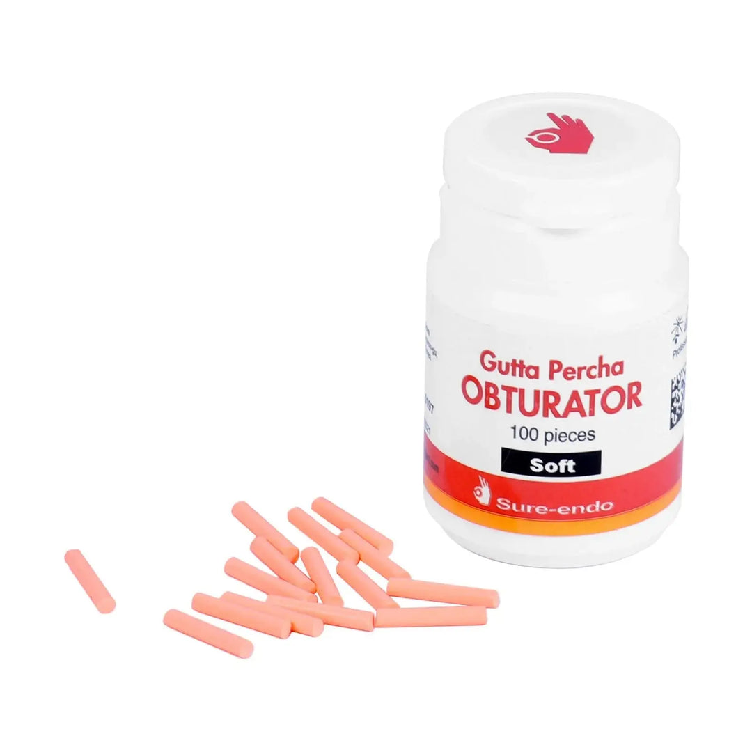 Dental Gutta Percha Obturator for Obturation Gun Pen Soft Type 100pcs/Bottle with white container and pink obturators scattered beside it, showcasing the product's appearance and quantity for dental procedures