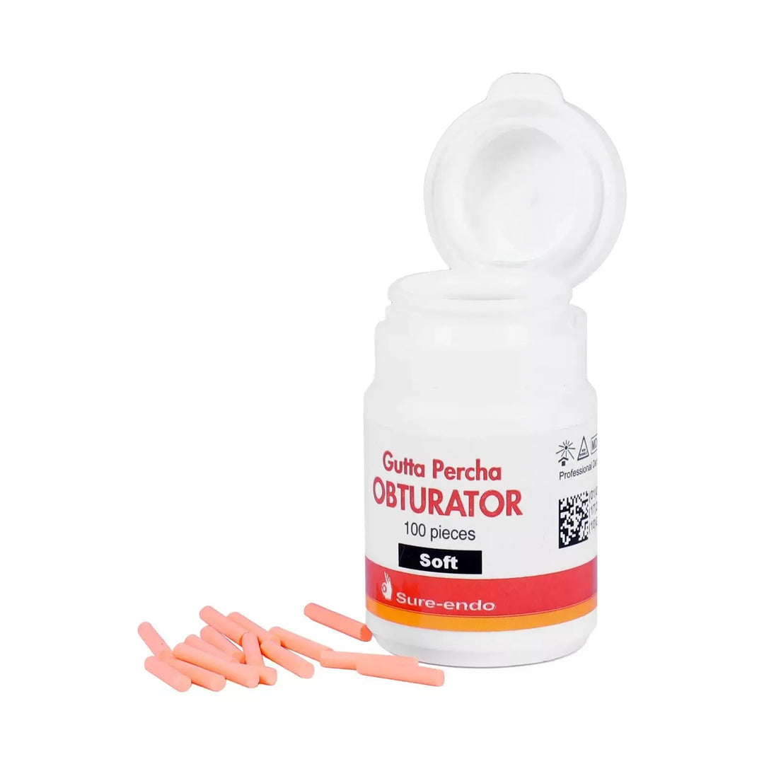 Dental Gutta Percha Obturator for Obturation Gun Pen Soft Type 100pcs/Bottle: White plastic bottle with flip-top lid containing pink obturator pieces, labeled for dental use, with product name and quantity visible on the label.