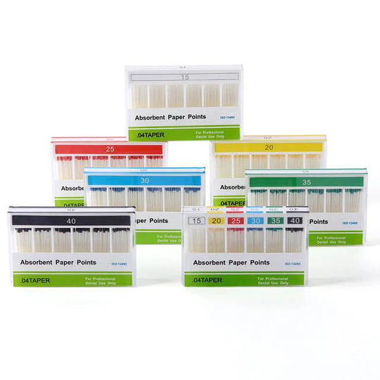 Absorbent Paper Points #15-40 Taper Size 0.04 Color Coded 7 Models 100/Box displayed in multiple color-coded packages. Each box contains 100 paper points of different sizes, clearly labeled and organized for dental root canal procedures.