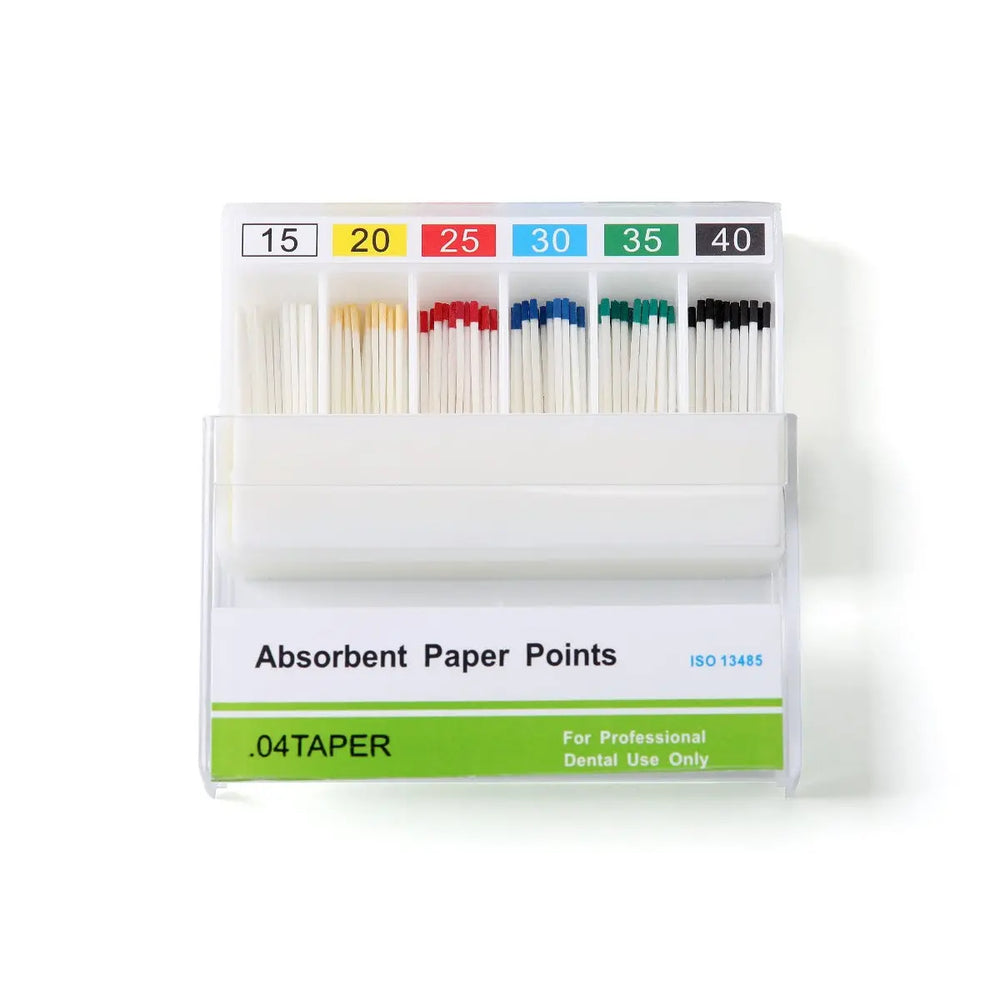 Absorbent Paper Points #15-40 Taper Size 0.04 Color Coded 7 Models 100/Box displayed in clear plastic container. Six compartments with color-coded tips for different sizes. Product label visible showing .04 taper and for professional dental use only.