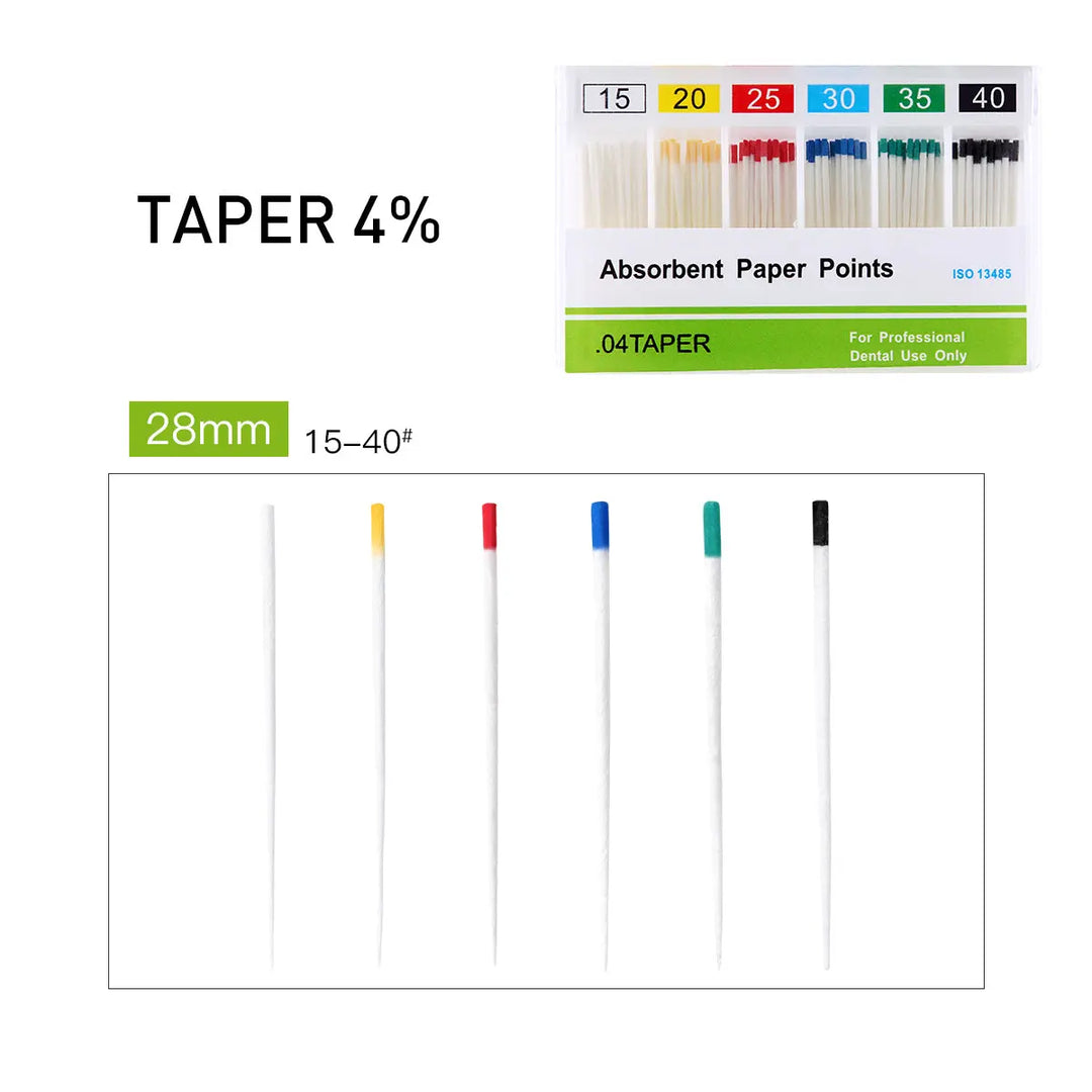 Absorbent Paper Points #15-40 Taper Size 0.04 Color Coded 7 Models 100/Box displayed in packaging with color-coded tips. Image shows six paper points with different colored tips, a measurement scale, and product information including taper size and length range.