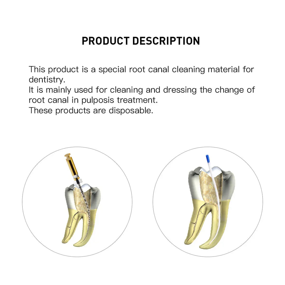 Product description and dental illustrations showing root canal cleaning process for Absorbent Paper Points #15-40 Taper Size 0.04 Color Coded 7 Models 100/Box, a disposable dental tool for root canal treatment and cleaning in dentistry