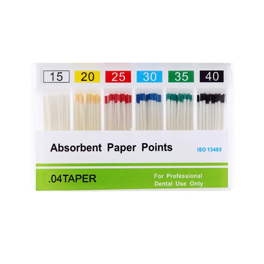 Absorbent Paper Points #15-40 Taper Size 0.04 Color Coded 7 Models 100/Box displayed in packaging. Color-coded tips from white to black, organized by size numbers 15 to 40. Product label shows .04 taper and "For Professional Dental Use Only" designation.