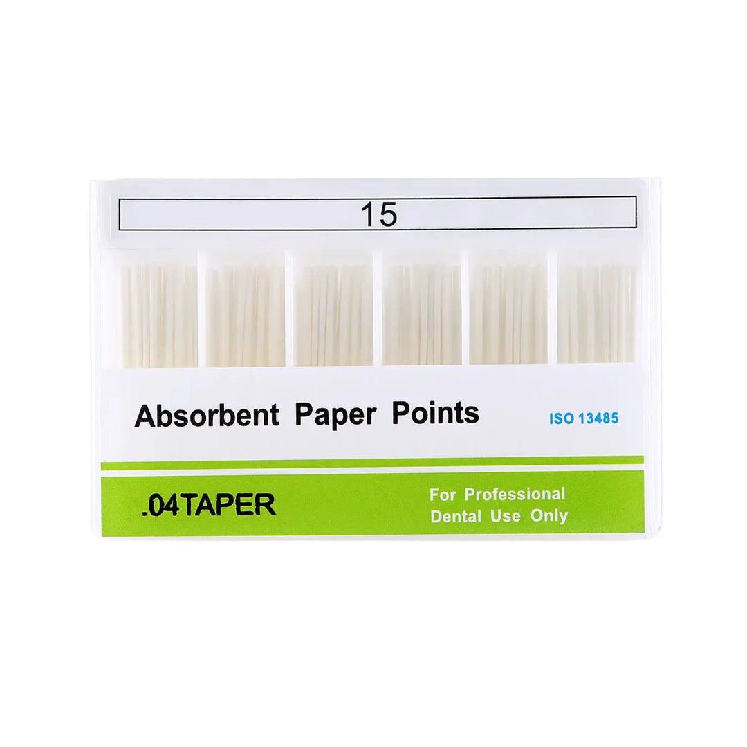 Absorbent Paper Points #15-40 Taper Size 0.04 Color Coded 7 Models 100/Box displayed in packaging. White paper points visible through clear container. Green label showing product details, including ".04TAPER" and "For Professional Dental Use Only". ISO certification number visible.