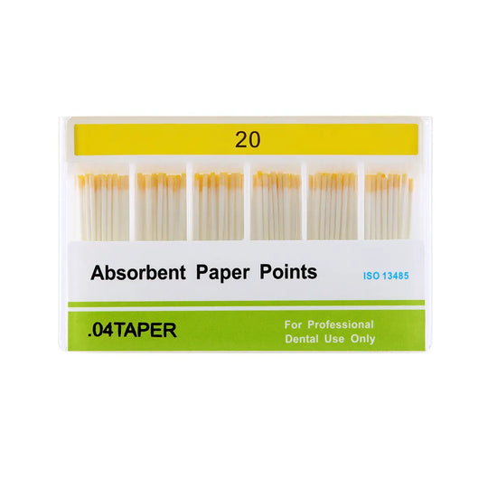 Absorbent Paper Points #15-40 Taper Size 0.04 Color Coded 7 Models 100/Box displayed in a clear plastic case. Six rows of white paper points with yellow tips are visible. The case label shows "20" and "Absorbent Paper Points" with ".04TAPER" and "For Professional Dental Use Only" specifications.