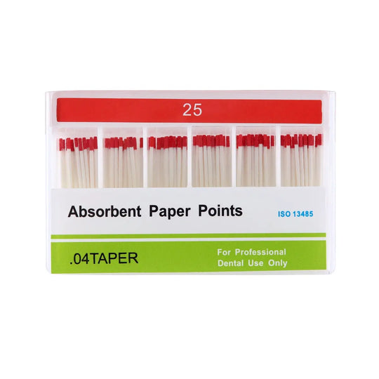 Absorbent Paper Points #15-40 Taper Size 0.04 Color Coded 7 Models 100/Box displayed in packaging. White paper points with red tips visible in organized rows. Package labeled with size 25, .04 taper, and for professional dental use only.