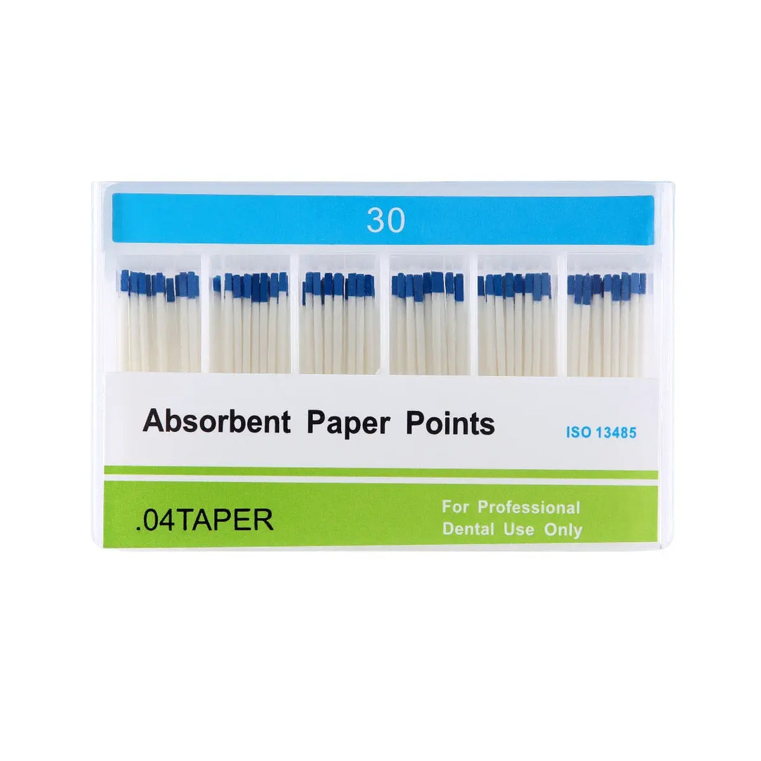 Absorbent Paper Points #15-40 Taper Size 0.04 Color Coded 7 Models 100/Box displayed in packaging. Six rows of white cotton fiber points with blue tips visible. Product label shows "Absorbent Paper Points", ".04TAPER", and "30" size indicator.