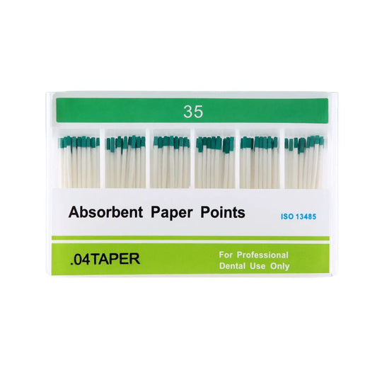 Absorbent Paper Points #15-40 Taper Size 0.04 Color Coded 7 Models 100/Box displayed in packaging. Green-tipped white paper points arranged in six sections. Product label shows '35' and '.04TAPER' specifications for professional dental use.