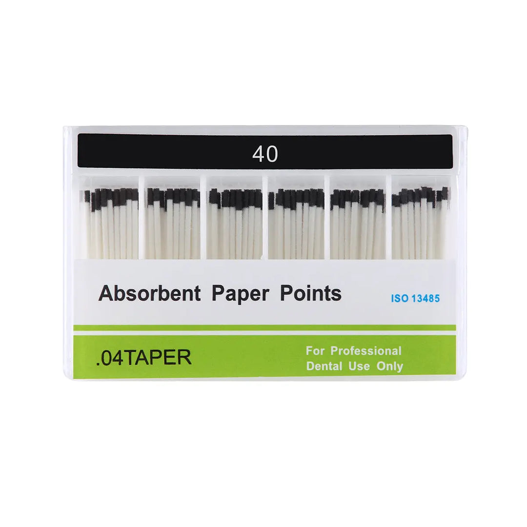 Absorbent Paper Points #15-40 Taper Size 0.04 Color Coded 7 Models 100/Box displayed in packaging. Shows six rows of white paper points with black tips. Label indicates 0.04 taper, for professional dental use, with ISO certification number visible.