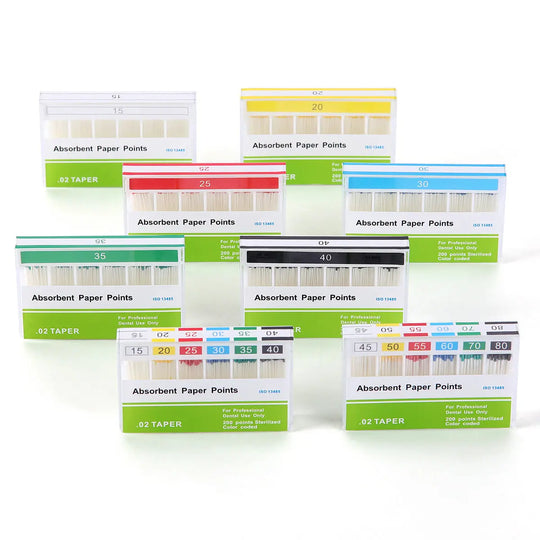 Absorbent Paper Points #15-80 Taper Size 0.02 Color Coded 8 Models 200/Box displayed in multiple packages of various sizes and colors. Each box is labeled with the product name and specific size information, showcasing the range of options available for dental root canal cleaning and treatment.